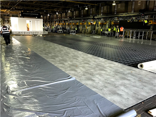 A 350m2 Raised Platform with Concrete Vinyl installed at Print Works, London for a corporate event. 
