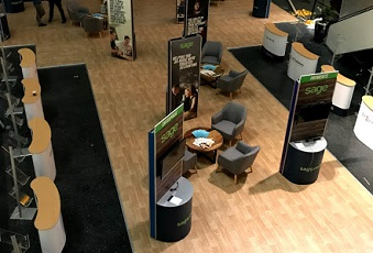 A finished exhibition space for Sage, completed with wood effect vinyl and edging
